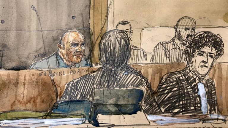 Croquis d'audience réalisé à l'ouverture du procès de Gabriel Fortin (g), surnommé "le tueur de DRH", jugé pour trois meurtres à Valence (Drôme), le 13 juin 2023.