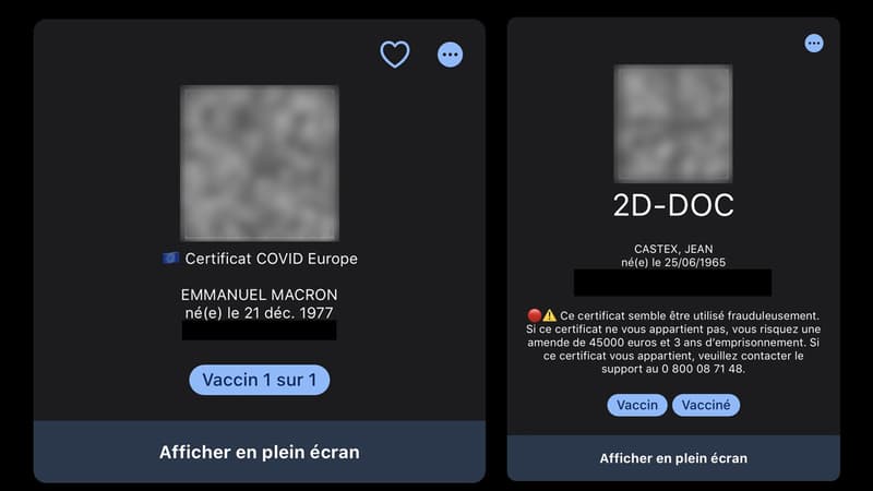 Les QR Codes d'Emmanuel Macron et Jean Castex dans TousAntiCovid 