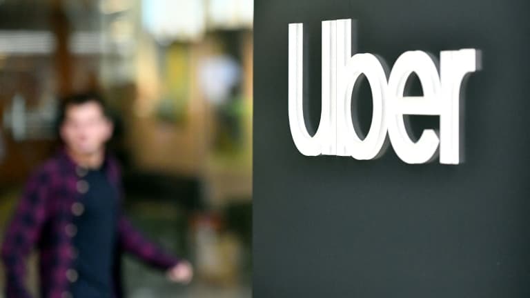 Logo Uber au siège de l'entreprise le 8 mai 2019 à San Francisco