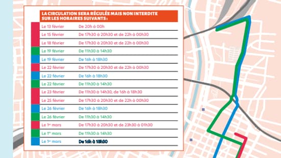 Le trajet des chars du Carnaval de Nice (Alpes-Maritimes) 2025 et les perturbations de circulation liées aux défilés, du 13 février au 1er mars. Le trajet des chars du Carnaval de Nice (Alpes-Maritimes) 2025 et les perturbations de circulation liées aux défilés, du 13 février au 1er mars.