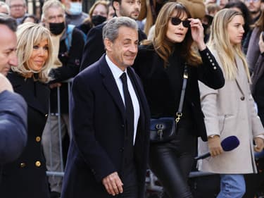 Brigitte Macron, Nicolas Sarkozy et Carla Bruni aux obsèques de Jean-Pierre Pernaut, le 9 mars 2022.