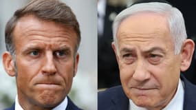 Photomontage du 20 août 2025 montrant le président français Emmanuel Macron et le Premier ministre israélien Benjamin Netanyahu
