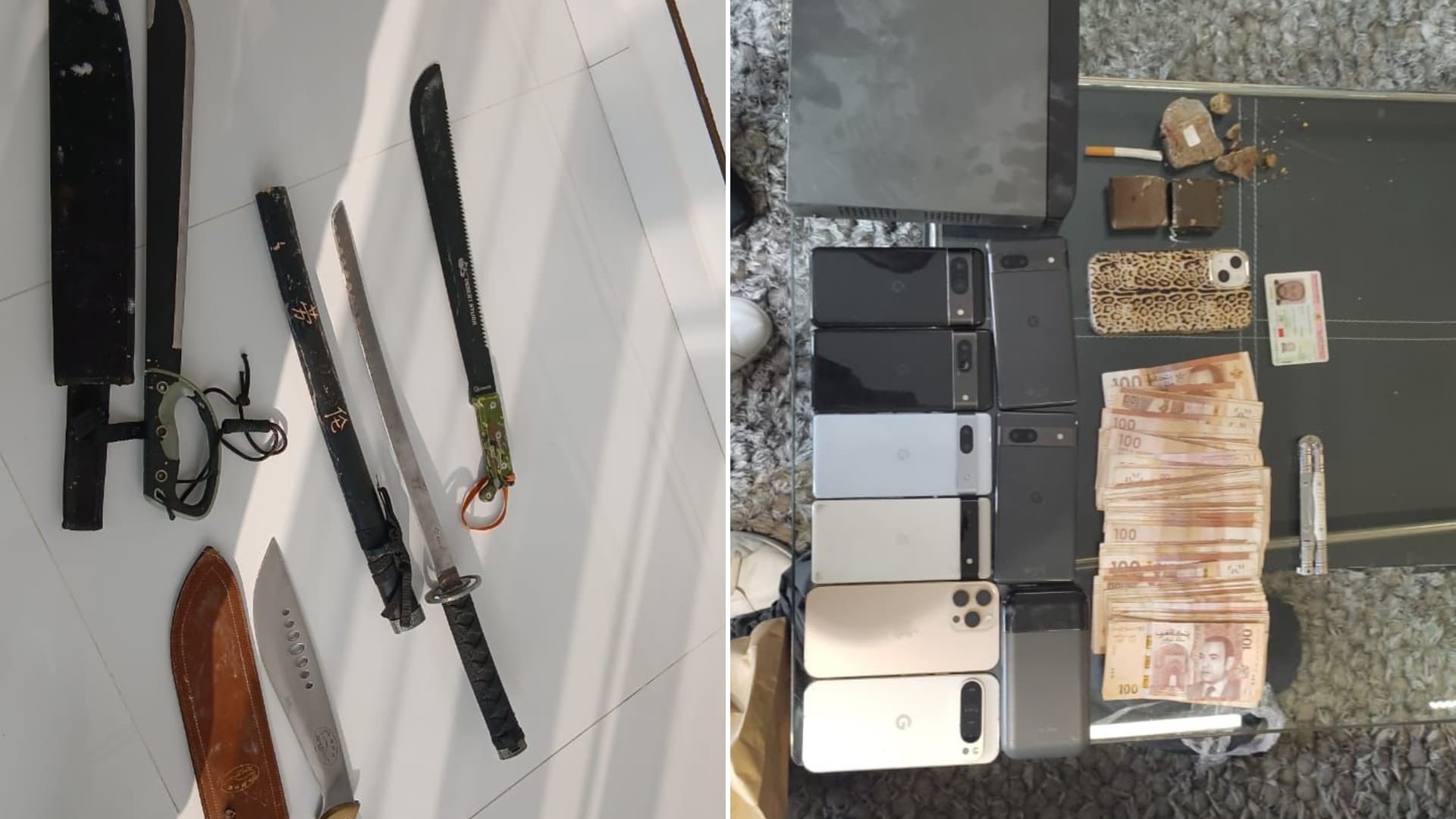 Des armes, de l'argent liquide et des téléphones saisis lors de l'interpellation de Badiss Bajjou, le 3 juin 2025 à Tanger au Maroc. 