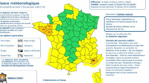 La carte de vigilance pour le 10 février 2014.