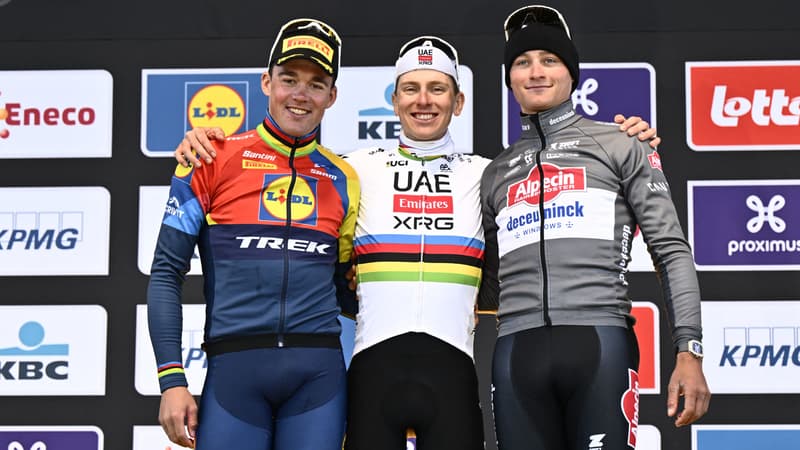 Mads Pedersen Tadej Pogacar et Mathieu Van der Poel sur le podium du Tour des Flandres le 06 04 2025 2264471