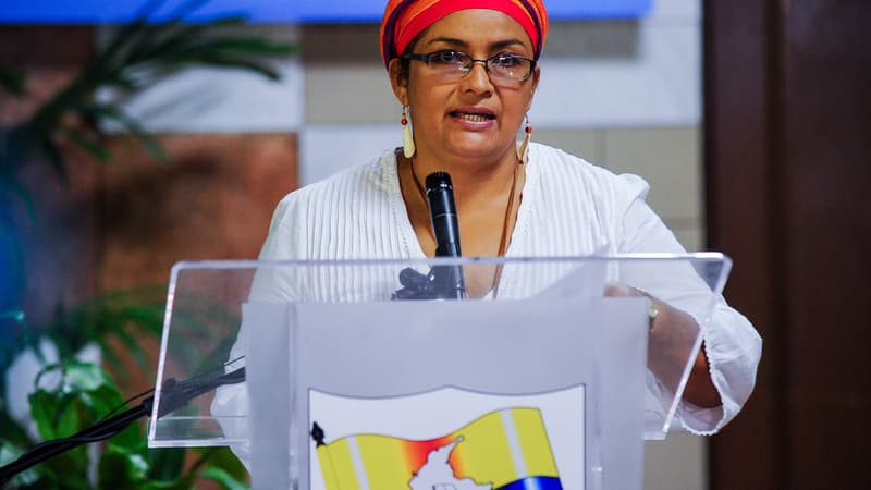 Victoria Sandino, responsable politique des Farc, lors d'un discours pour la paix entre les rebelles et la Colombie le 21 mai 2015 à Cuba