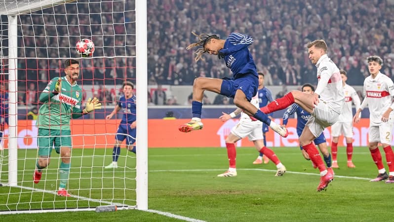 Le coup de tête victorieux de Bradley Barcola sur la pelouse de Stuttgart, le 29 janvier 2025