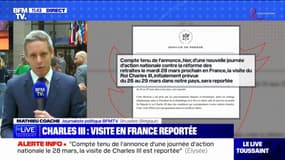 Retraites: "Compte tenu de l'annonce d'une nouvelle journée de mobilisation le 28 mars, la visite du roi Charles III est reportée", précise l'Élysée