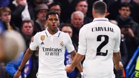 Rodrygo célèbre un but lors de Chelsea-Real Madrid en avril 2023