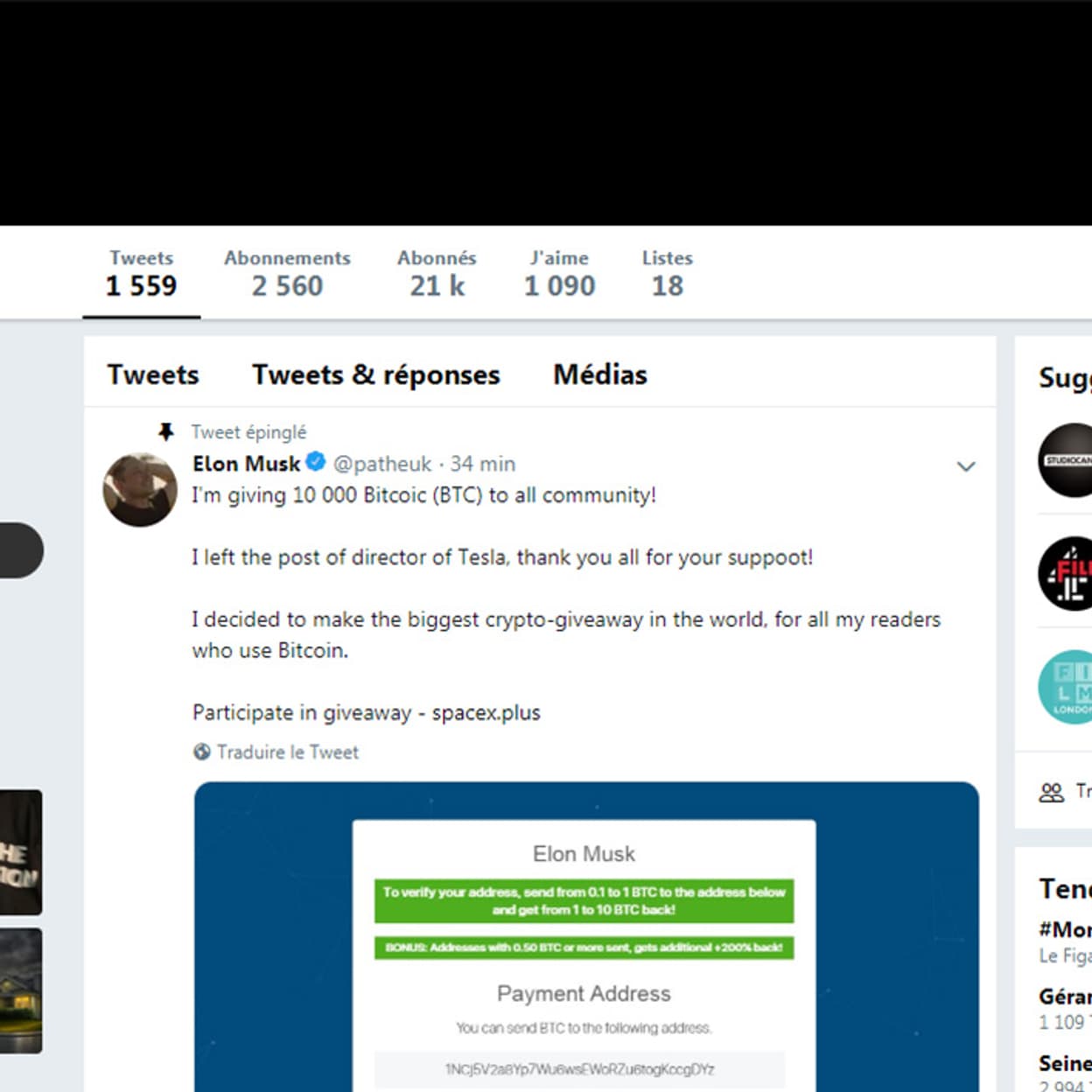 Twitter: le compte de Pathé se transforme en Elon Musk et diffuse une  arnaque au bitcoin