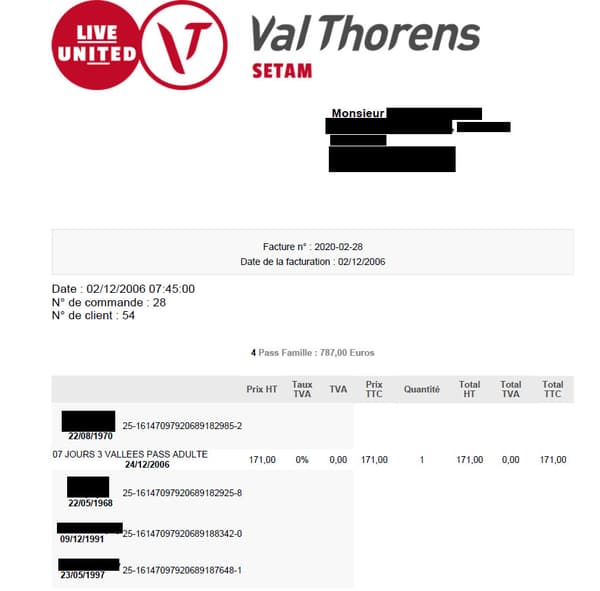 Une facture en accès libre émise par la station Val Thorens Une facture en accès libre émise par la station Val Thorens