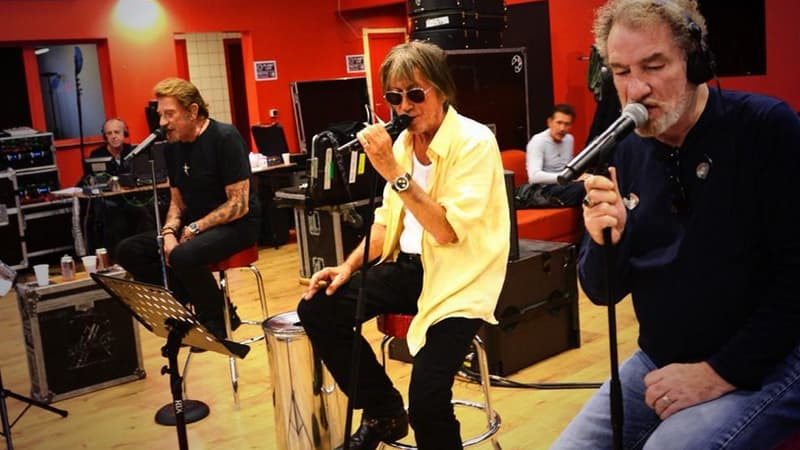 Johnny Hallyday, Jacques Dutronc et Eddy Mitchell répètent près de Paris, avant leur série de concerts à Bercy.