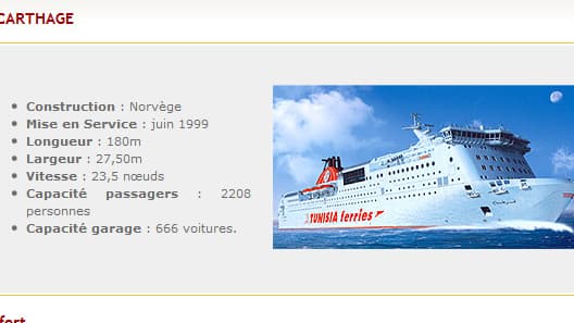 La fiche descriptive du "Carthage", sur le site Internet de la Compagnie Tunisienne de Navigation.