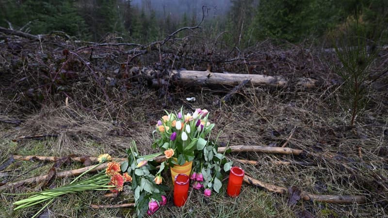 Un bouquet de fleurs déposé à l'endroit où le corps d'une adolescente a été retrouvé à Freudenberg, en Allemagne, le 14 mars 2023