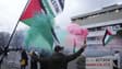 Plusieurs manifestations en soutien à la Palestine, le 24 novembre 2025, devant les locaux de la NRK, société nationale norvégienne de radiodiffusion, à Marienlyst, pour demander l'exclusion d'Israël du concours de l'Eurovision.