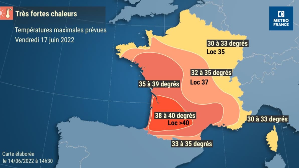 Températures maximales prévues pour le vendredi 17 juin 2022. Températures maximales prévues pour le vendredi 17 juin 2022.