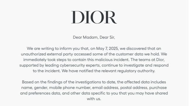 Le communiqué de Dior en anglais Le communiqué de Dior en anglais