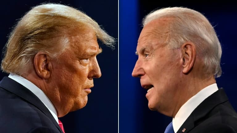 Photo montage avec Donald Trump (g) face à Joe Biden tous deux photographiés le 22 octobre 2020
