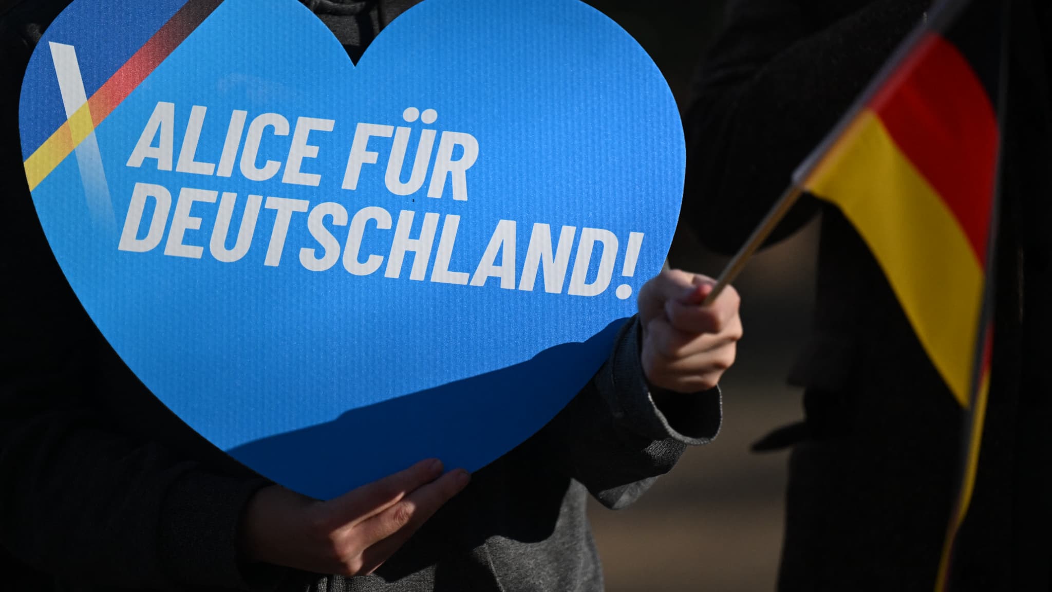 Un supporter du parti d'extrême droite Alternative für Deutschand ("Alternative pour l'Allemagne", AfD), tient une pancarte de soutien à Alice Weidel, candidate à la chancellerie, le 1er février 2025 à Francfort-sur-le-Main (Allemagne).