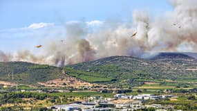 Des Canadairs luttent contre des incendies entre Gigean et Frontignan sur le massif de la Gardiole, dans l'Hérault, le 17 septembre 2024