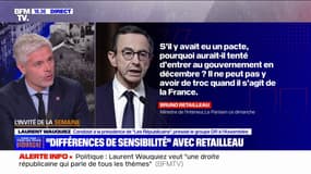 "On peut changer d'avis en politique": Laurent Wauquiez (LR) réagit au propos de Bruno Retailleau, qui nie avoir conclu un pacte avec lui