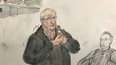 Croquis d'audience du 4 mars 2025 montrant l'ancien chirurgien Joël Le Scouarnec lors de son procès à Vannes, dans le Morbihan.