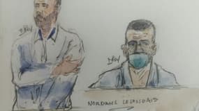 Croquis d'audience de Nordalh Lelandais (d)  lors de son procès pour le meurtre de Maëlys de Araujo, le 1er février 2022 à la cour d'assises de Grenoble