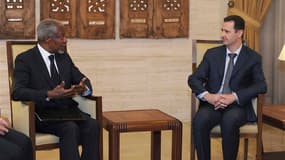 L'émissaire de l'Onu et de la Ligue arabe, Kofi Annan, a achevé dimanche deux journées d'entretiens avec Bachar al Assad sans obtenir de progrès significatifs sur une issue aux violences qui se poursuivent depuis un an en Syrie. /Photo prise le 10 mars 20