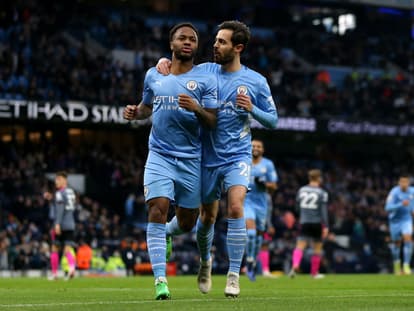 Raheem Sterling et Bernardo Silva lors de Manchester City-Leicester