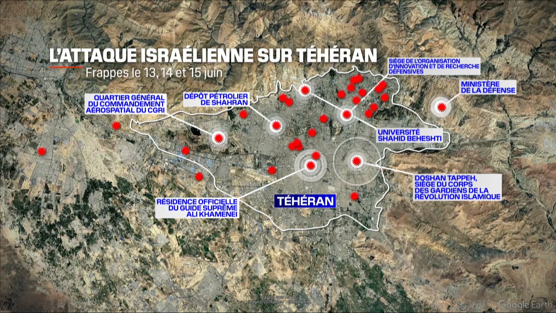 Map of the sites led by the Israeli army in Tehran between June 13 and 15, 2025 Map of the sites led by the Israeli army in Tehran between June 13 and 15, 2025