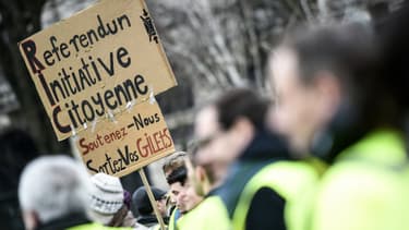 Un gilet jaune tient une pancarte mentionnant le référendum d'initiative citoyenne (RIC), le 29 décembre 2018 à Lille. (Photo d'illustration)