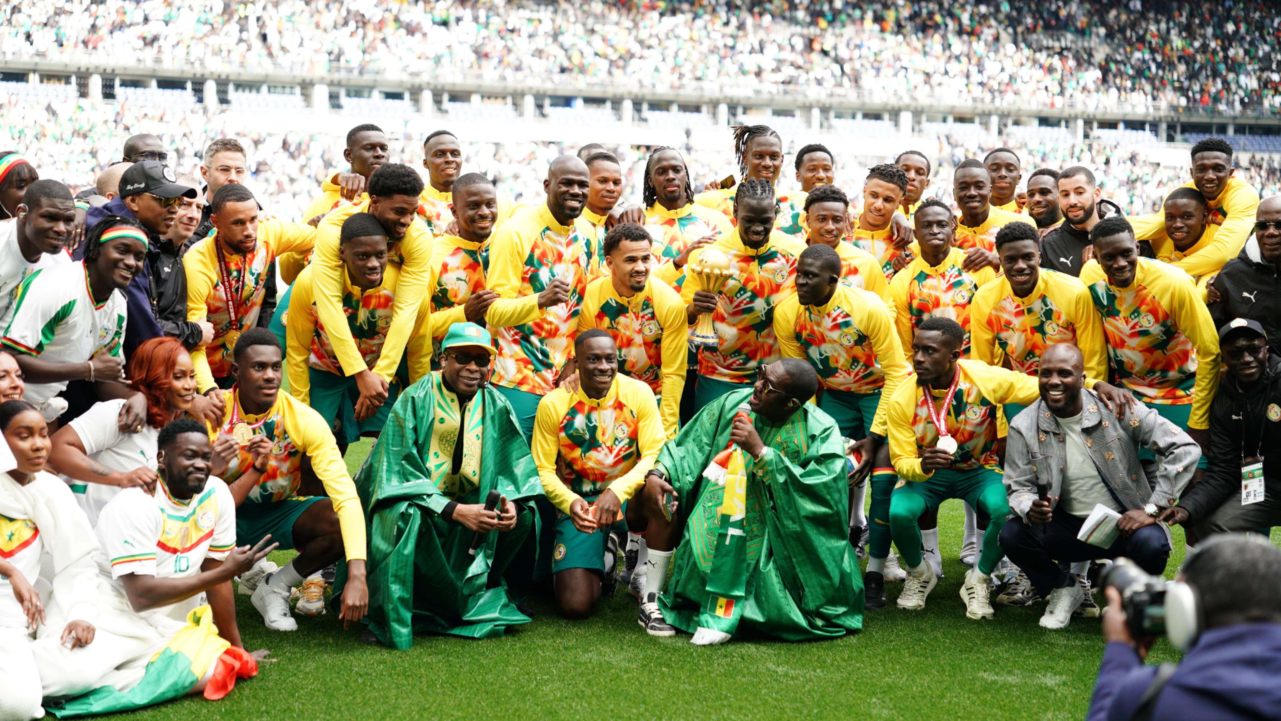 The AFCON 2025 trophy has been presented: images of Senegal players celebrations at Stade de France.