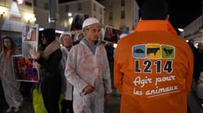 Des activistes de l'association L214 lors d'une manifestation à Tours simulant la mise à mort d'un animal, le 31 octobre 2017