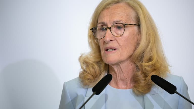 La ministre démissionnaire de l'Education Nicole Belloubet, lors d'une conférence de presse, Paris, le 27 août 2024