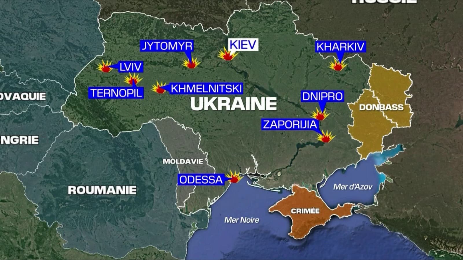 Les différentes zones touchées par les frappes russes le lundi 10 octobre 2022 Les différentes zones touchées par les frappes russes le lundi 10 octobre 2022