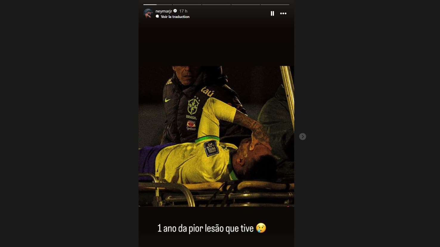 "Un an depuis la pire blessure que j'ai eue", la story Instagram de Neymar un an après sa grave blessure au genou gauche, le 17 octobre 2024 "Un an depuis la pire blessure que j'ai eue", la story Instagram de Neymar un an après sa grave blessure au genou gauche, le 17 octobre 2024