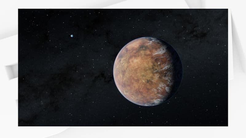 L'exoplanète récemment découverte TOI 700 e, avec dans le fond, en bleu, sa soeur TOI 700 d. Toutes deux sont situées dans une zone habitable.
