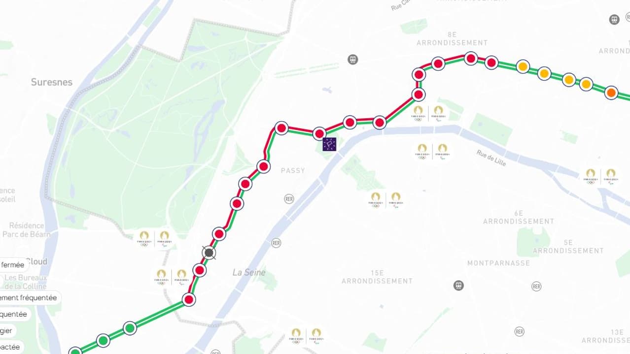 Les prévisions de fréquentation de la ligne 9 du métro parisien le 27 juillet 2024 à 17 heures, lors des Jeux olympiques de Paris 2024. Les prévisions de fréquentation de la ligne 9 du métro parisien le 27 juillet 2024 à 17 heures, lors des Jeux olympiques de Paris 2024.
