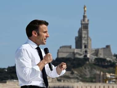 Emmanuel Macron lors d'un discours à Marseille, samedi 16 avril 2022.