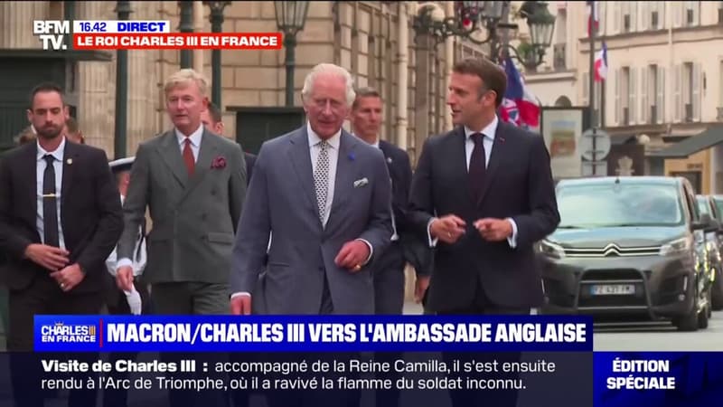 Emmanuel Macron accompagne Charles III vers l'ambassade du Royaume-Uni après leur entrevue à l'Élysée