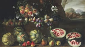 Watermelons, peaches, pears and other fruit in a landscape; and Chrysanthemums, tulips, irises and other flowers and fruit in a landscape oil on canvas. Giovanni Stanchi (Rome c. 1645-1672)