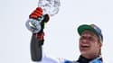 La joie du Suisse Marco Odermatt, vainqueur du géant des finales de la Coupe du monde de ski alpin et du petit globe de la discipline, le 19 mars 2022 à Courchevel