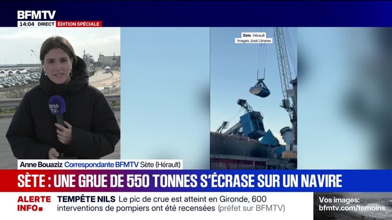 Tempête Nils: une grue de près de 550 tonnes s'effondre sur un cargo céréalier dans le port de Sète