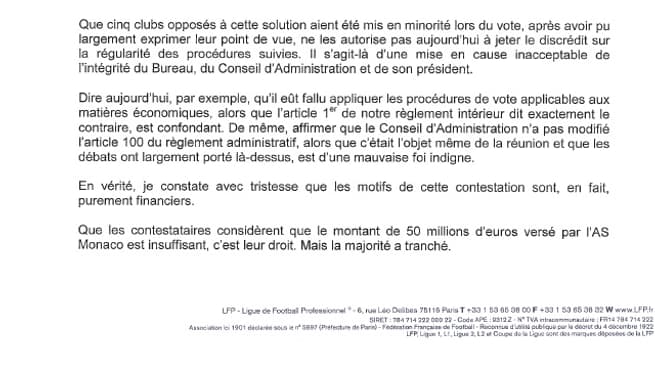 La lettre de Frédéric Thiriez aux présidents de clubs de L1 et L2