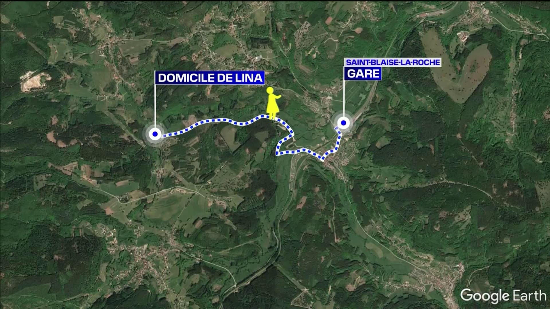 Le trajet que Lina devait faire pour rejoindre la gare de Saint-Blaise-la-Roche depuis son domicile Le trajet que Lina devait faire pour rejoindre la gare de Saint-Blaise-la-Roche depuis son domicile