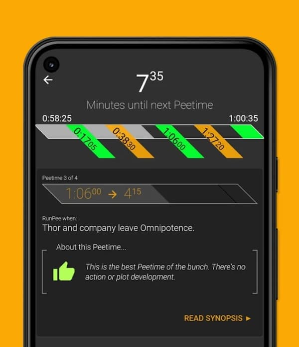 L'interface de l'application RunPee