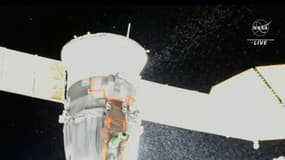 Le vaisseau spatial Soyouz MS-22, arrimé à la Station spatiale internationale, où une impressionnante fuite est survenue mercredi 14 décembre.