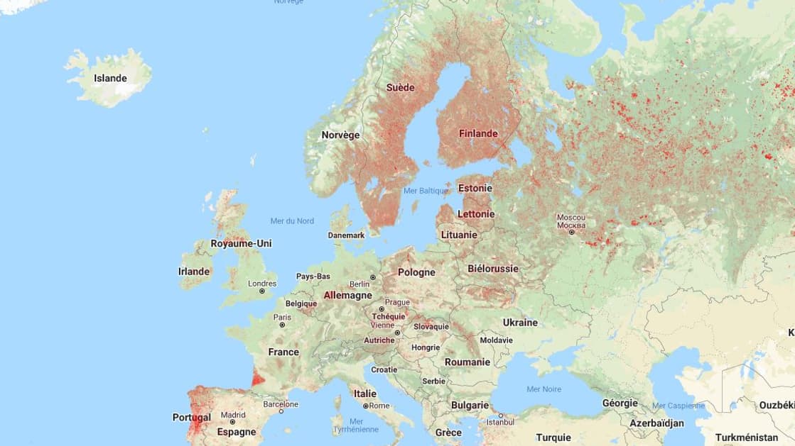 Carte d'Europe des zones touchées par la perte de surfaces forestières entre 2000 et 2019. Carte d'Europe des zones touchées par la perte de surfaces forestières entre 2000 et 2019.