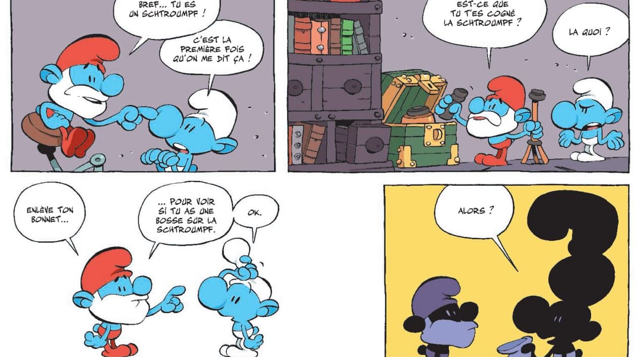 Un extrait de la BD "Qui est ce schtroumpf?" de Tébo