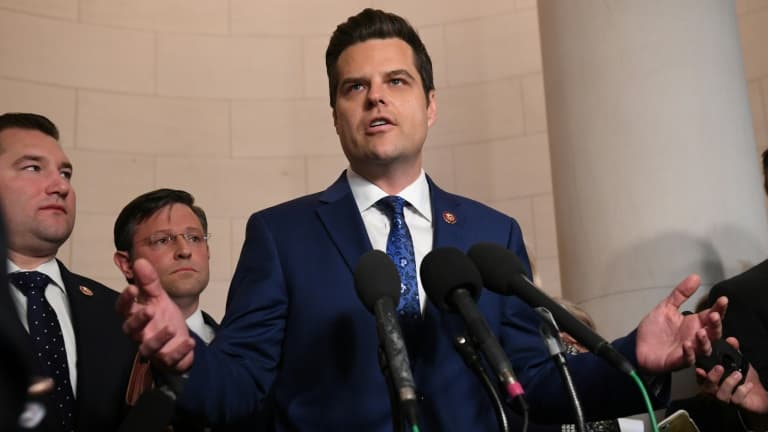 L'élu républicain Matt Gaetz s'exprimant devant la presse le 13 décembre 2019 à Washington